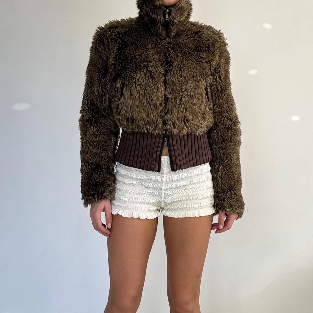 Brown Shaggy Faux Fur cropped bomber - fits like S/XS from Zara